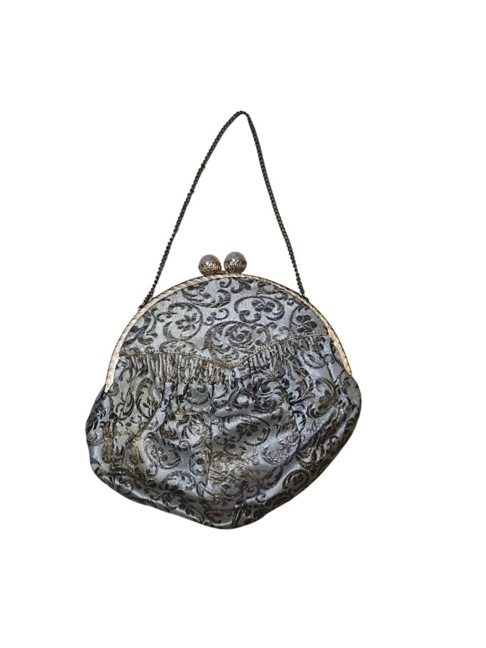 Vintage Ornate Silver Floral Metal Frame Clutch With Pearl Clasp & Chain Handle